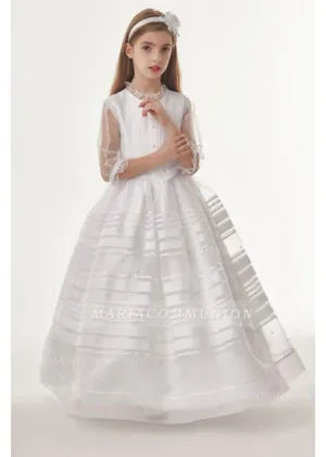 Organza Ball Gown 3/4 Long Sleeves Floor Length Communion Dress With Bow(S)