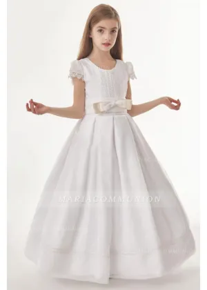 Organza Ball Gown Cap Sleeves Floor Length Communion Dress With Bow(S)