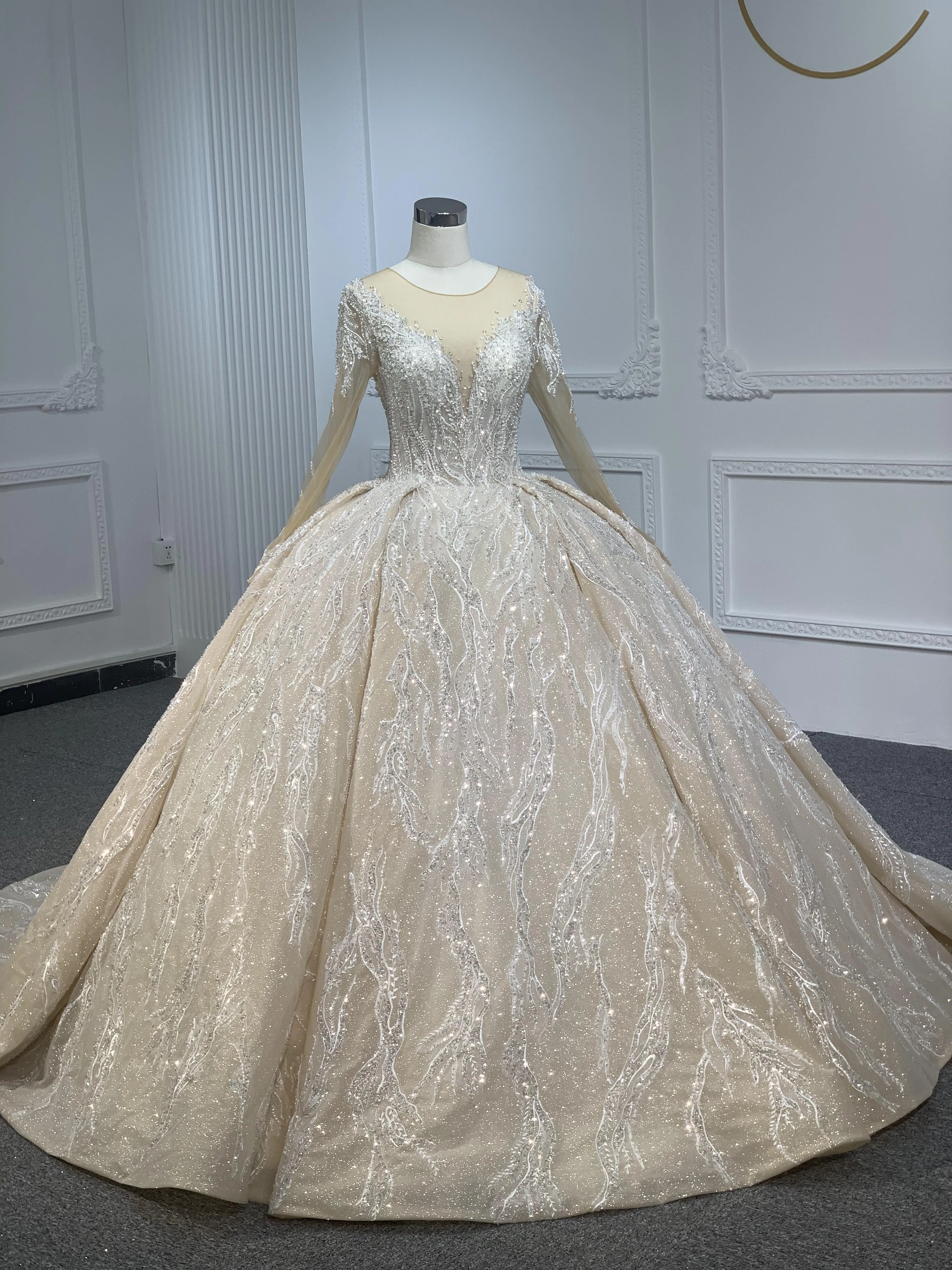 PD003- BYG CHAMPAGNE SWEETHEART NECKLINE BALL GOWN WITH LONG SLEEVES