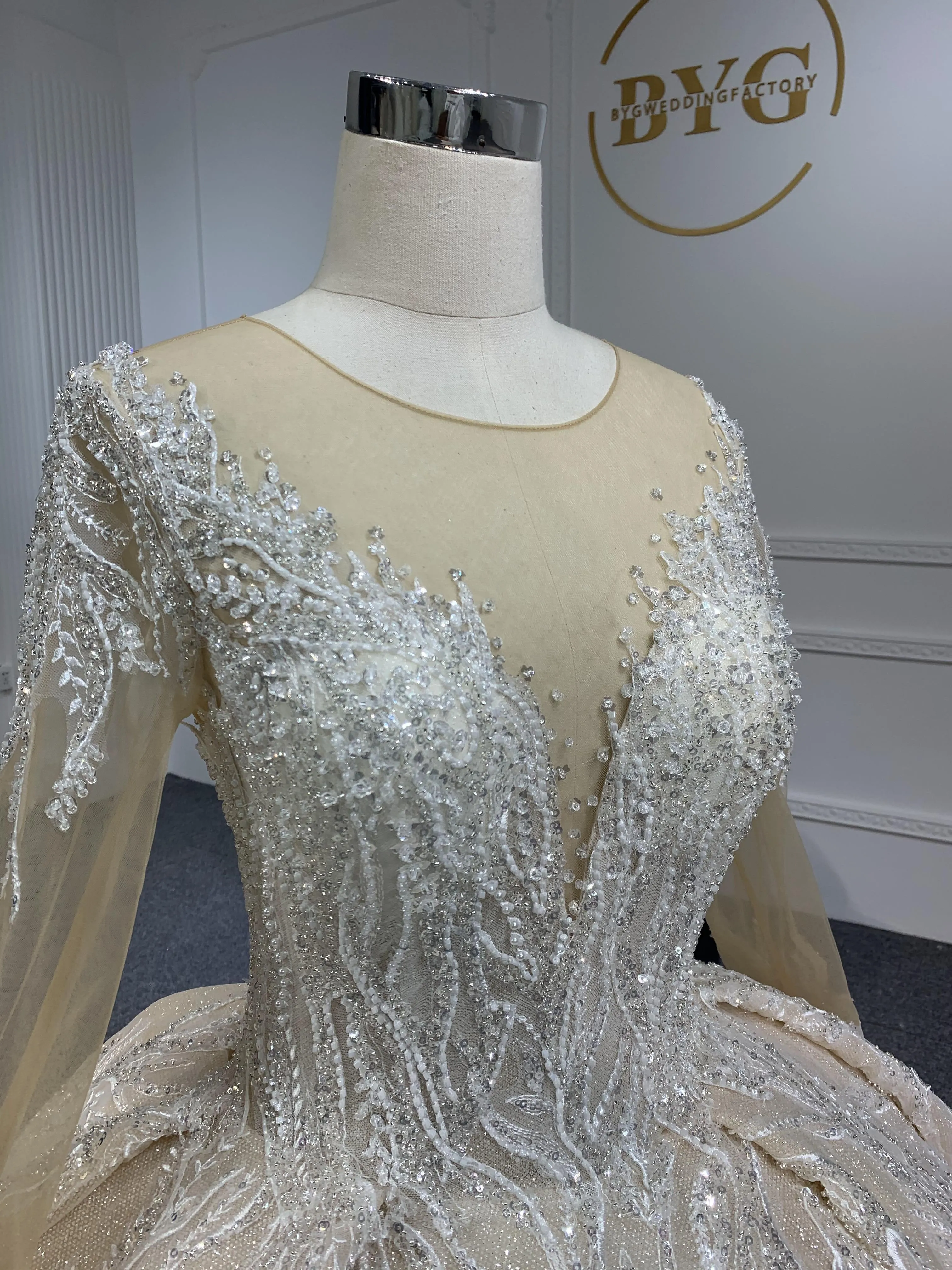 PD003- BYG CHAMPAGNE SWEETHEART NECKLINE BALL GOWN WITH LONG SLEEVES