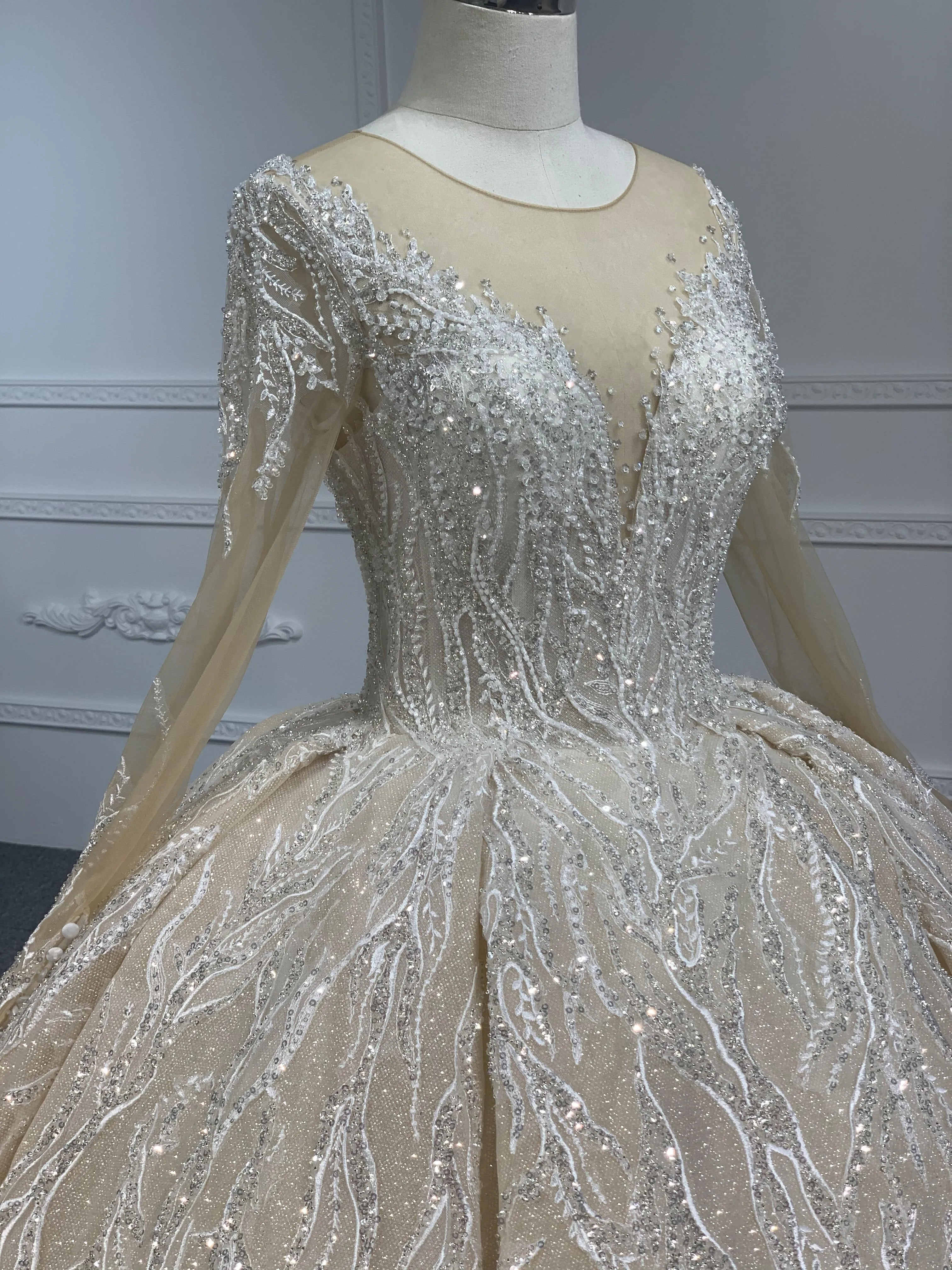 PD003- BYG CHAMPAGNE SWEETHEART NECKLINE BALL GOWN WITH LONG SLEEVES