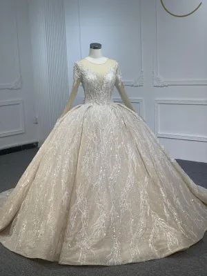 PD003- BYG CHAMPAGNE SWEETHEART NECKLINE BALL GOWN WITH LONG SLEEVES