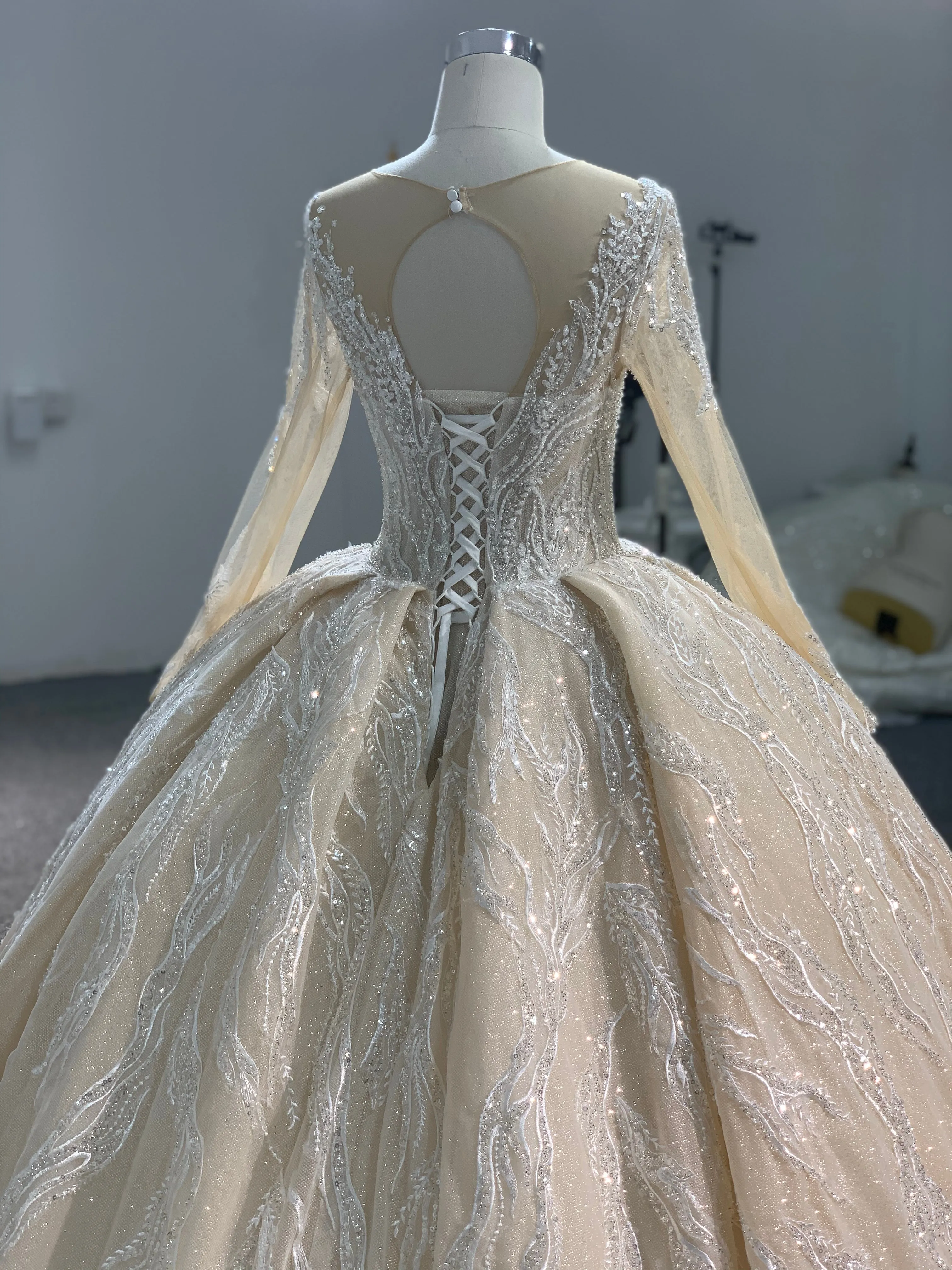 PD003- BYG CHAMPAGNE SWEETHEART NECKLINE BALL GOWN WITH LONG SLEEVES