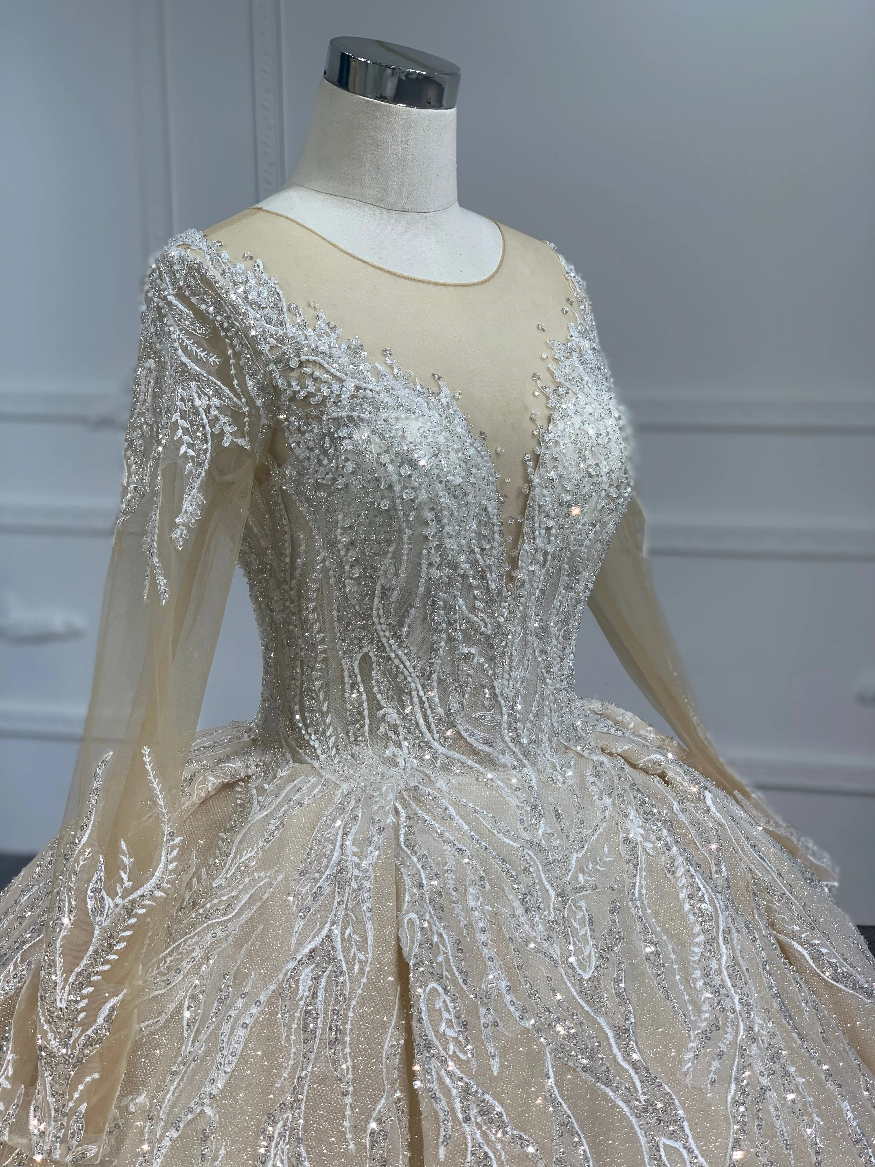 PD003- BYG CHAMPAGNE SWEETHEART NECKLINE BALL GOWN WITH LONG SLEEVES
