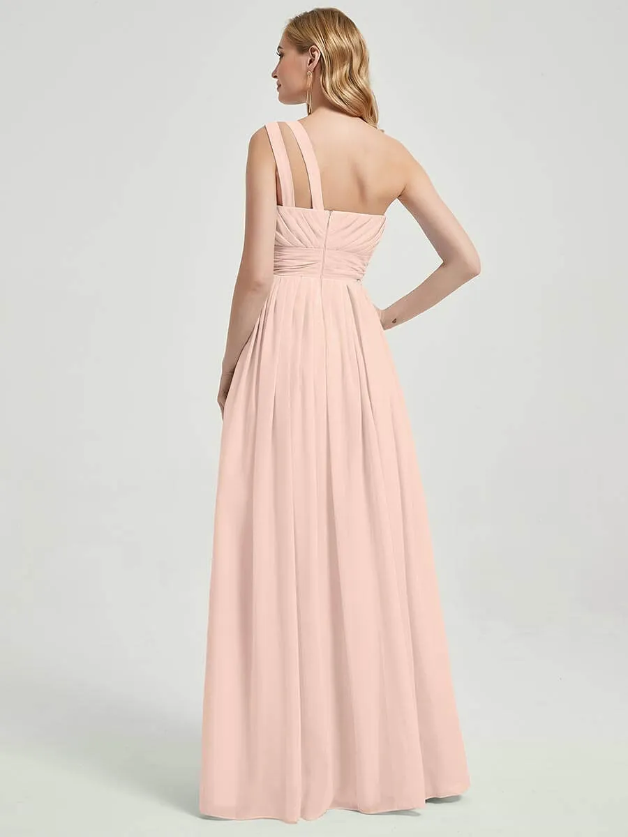 Pearl Pink One Shoulder A-Line Floor Length Chiffon Bridesmaid Dress
