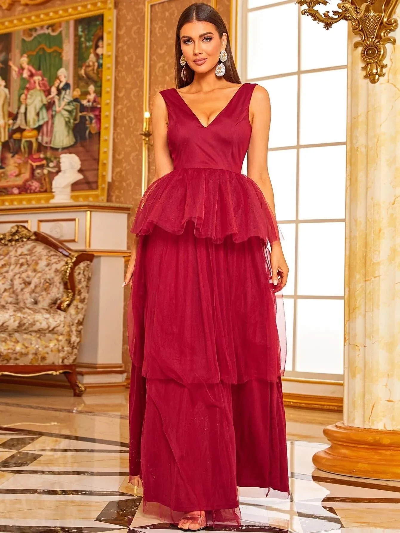 Peplum Layered Hem Mesh Red Maxi Tulle Prom Gown XJ1007