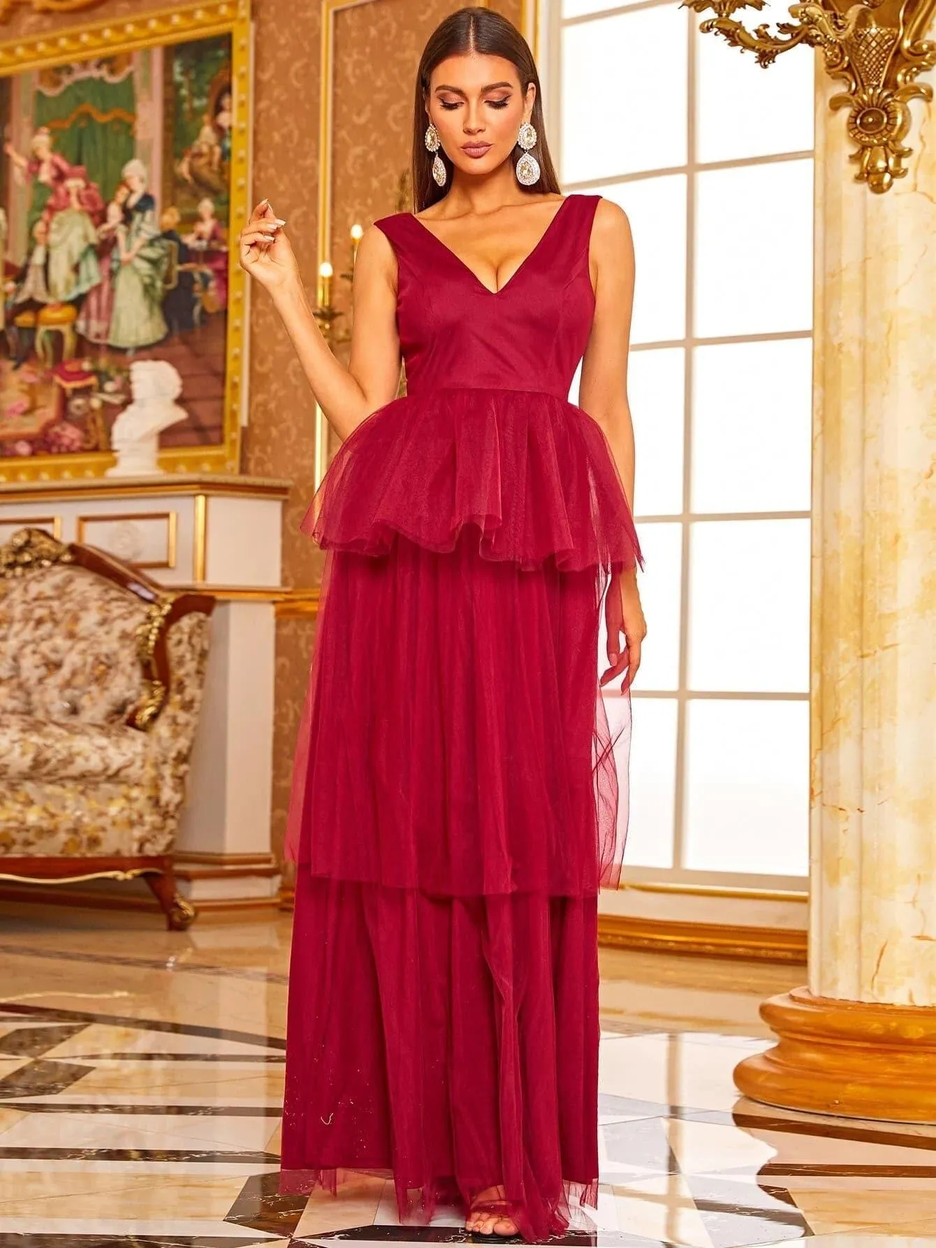 Peplum Layered Hem Mesh Red Maxi Tulle Prom Gown XJ1007