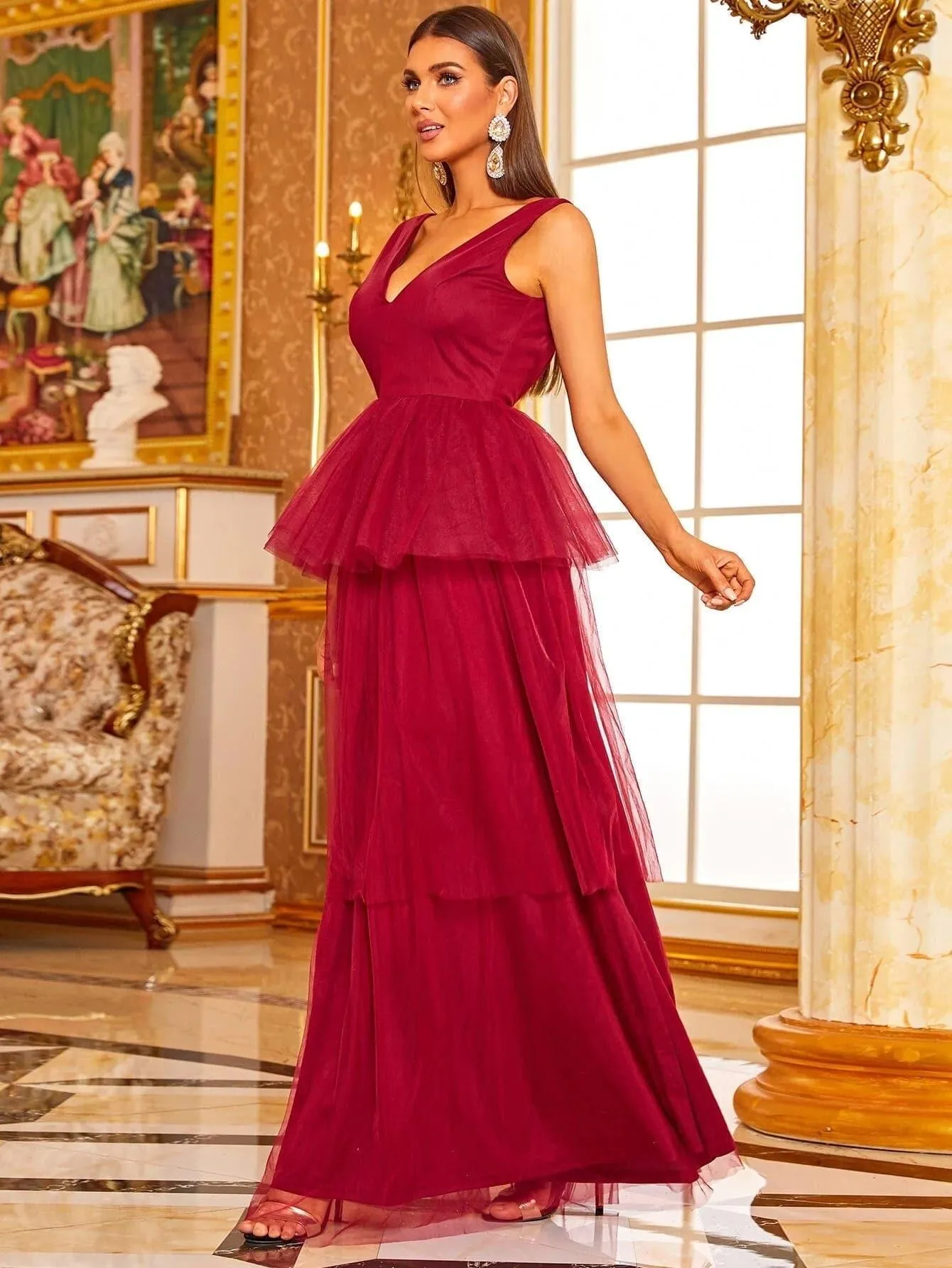 Peplum Layered Hem Mesh Red Maxi Tulle Prom Gown XJ1007