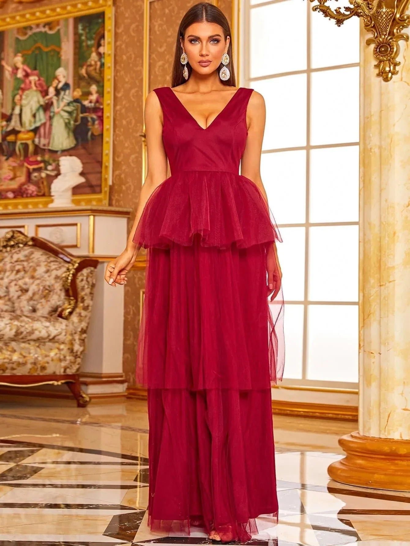 Peplum Layered Hem Mesh Red Maxi Tulle Prom Gown XJ1007