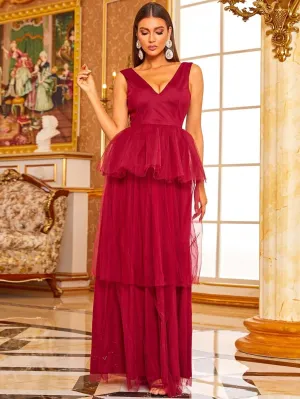 Peplum Layered Hem Mesh Red Maxi Tulle Prom Gown XJ1007