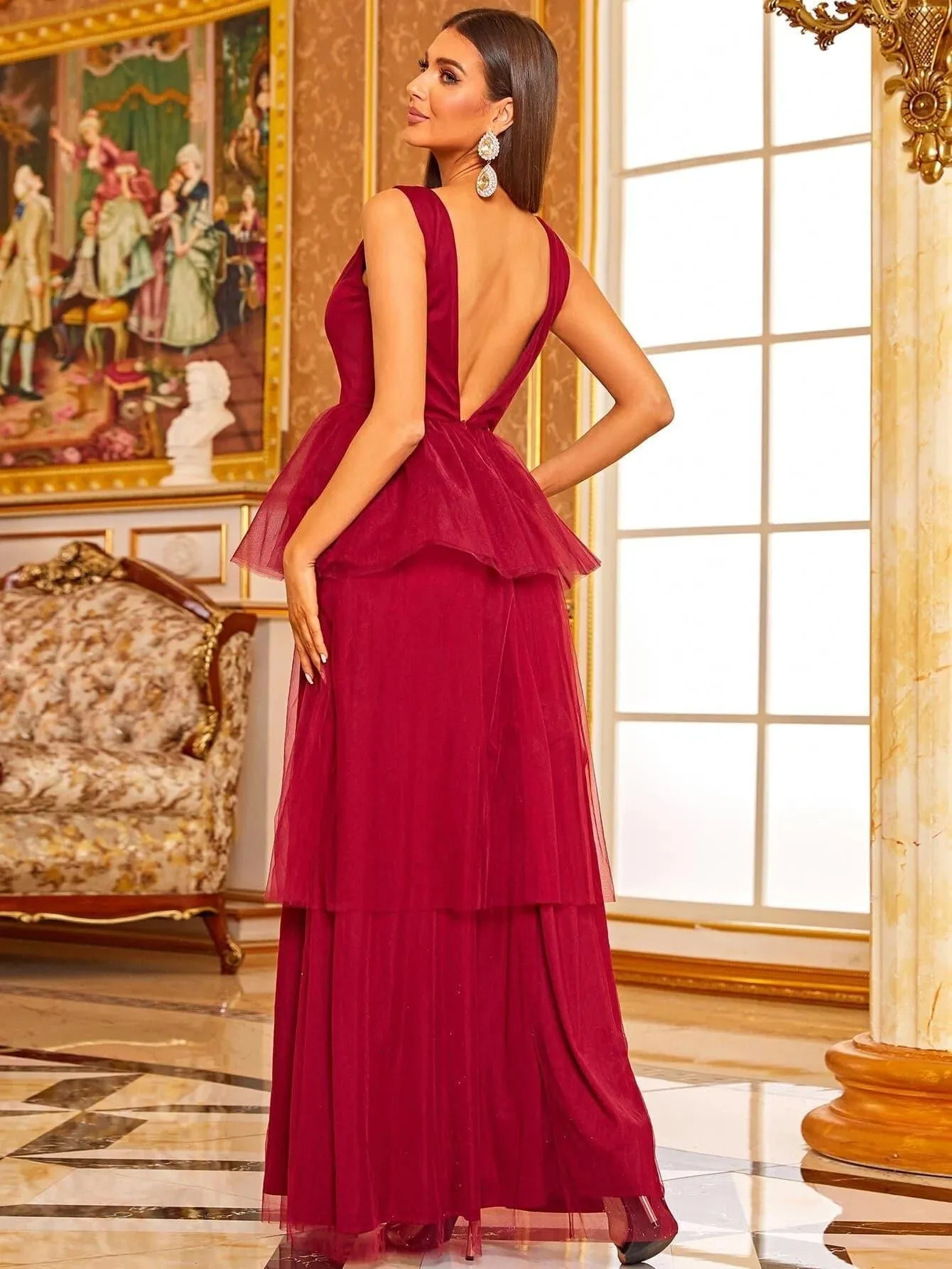 Peplum Layered Hem Mesh Red Maxi Tulle Prom Gown XJ1007