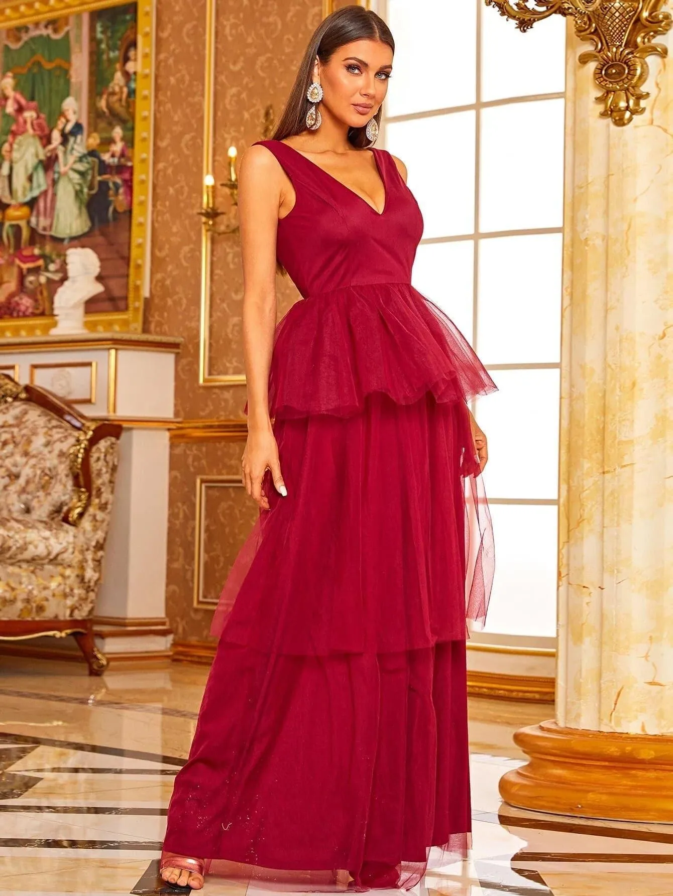 Peplum Layered Hem Mesh Red Maxi Tulle Prom Gown XJ1007