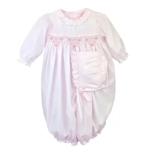 Petit Ami Baby Girls Smocked Hand Embroidered Convertible Gown to Romper & Bonnet in Newborn