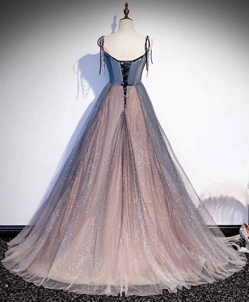 Pink and Grey Shiny Long Straps Lace-up Long Formal Dress, Charming Evening Dress