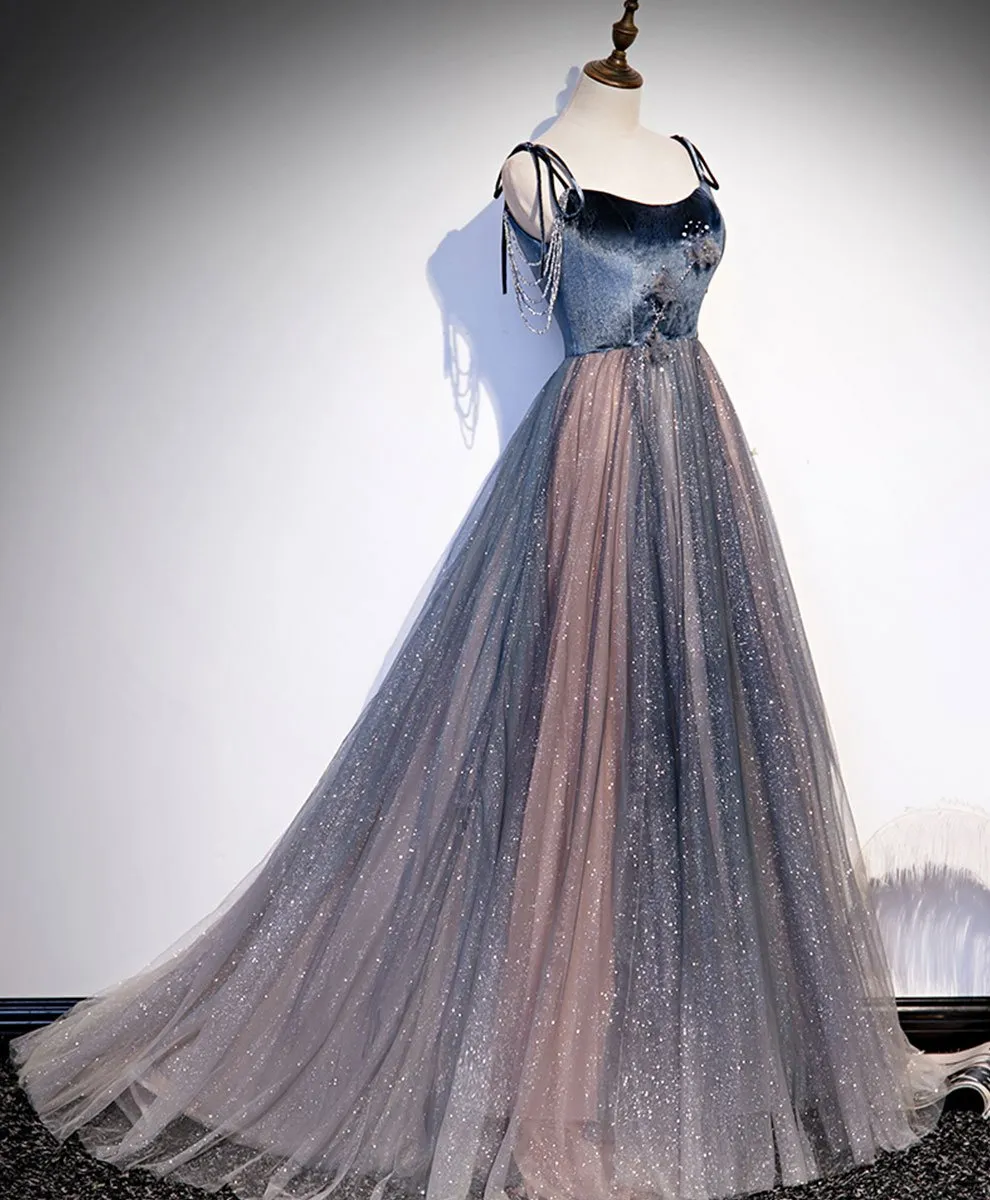 Pink and Grey Shiny Long Straps Lace-up Long Formal Dress, Charming Evening Dress