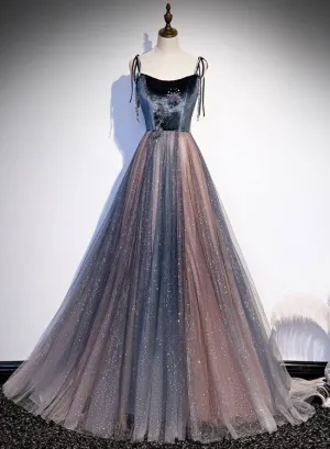 Pink and Grey Shiny Long Straps Lace-up Long Formal Dress, Charming Evening Dress