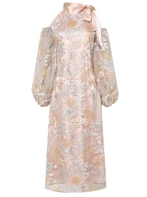 Pink Bowknot Cold Shoulder Lace Vintage Dress