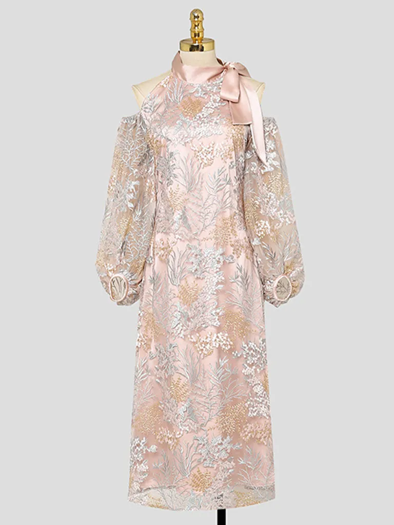 Pink Bowknot Cold Shoulder Lace Vintage Dress