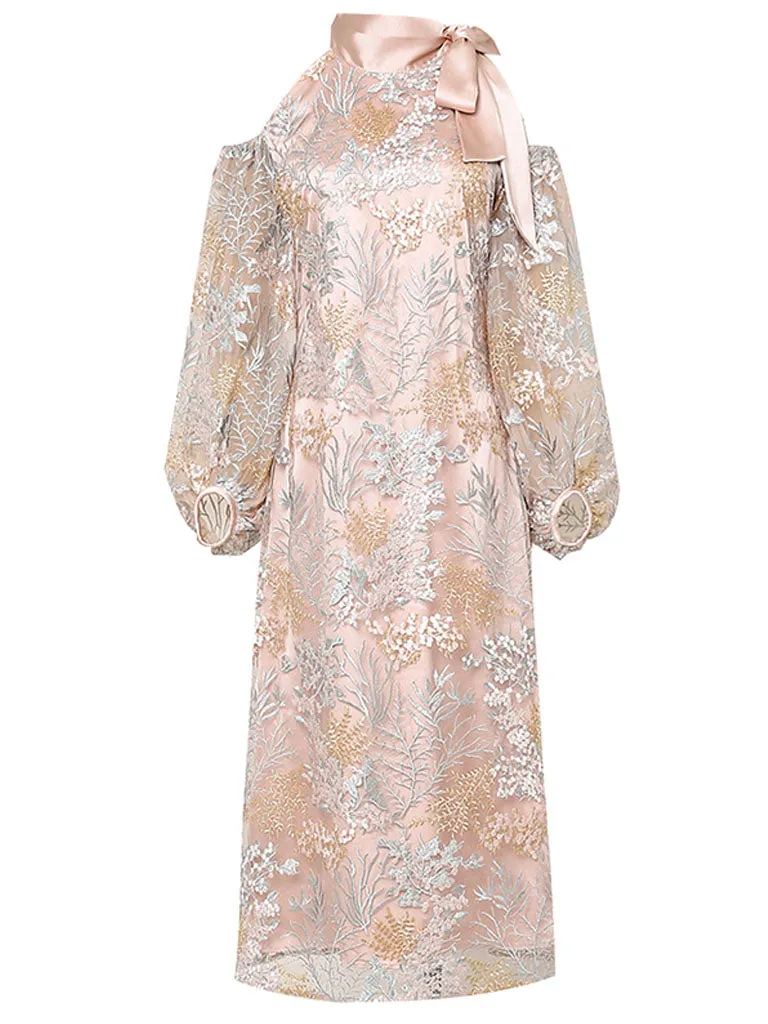 Pink Bowknot Cold Shoulder Lace Vintage Dress
