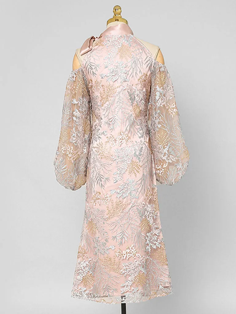 Pink Bowknot Cold Shoulder Lace Vintage Dress