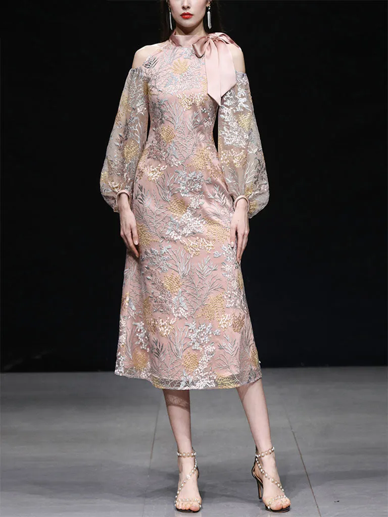 Pink Bowknot Cold Shoulder Lace Vintage Dress