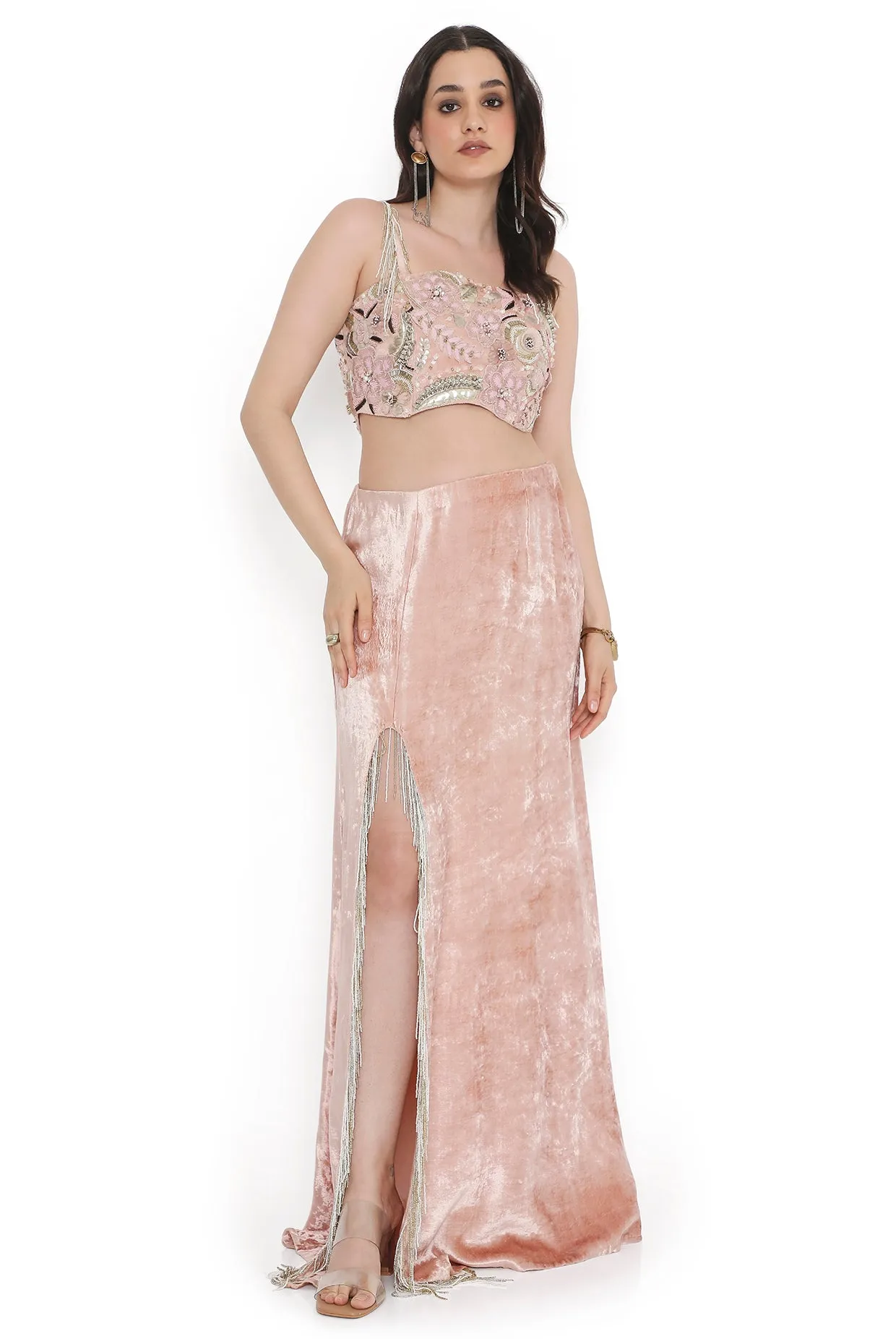 Pink Embroidered Choli With Side Slit Skirt- Ready To Ship