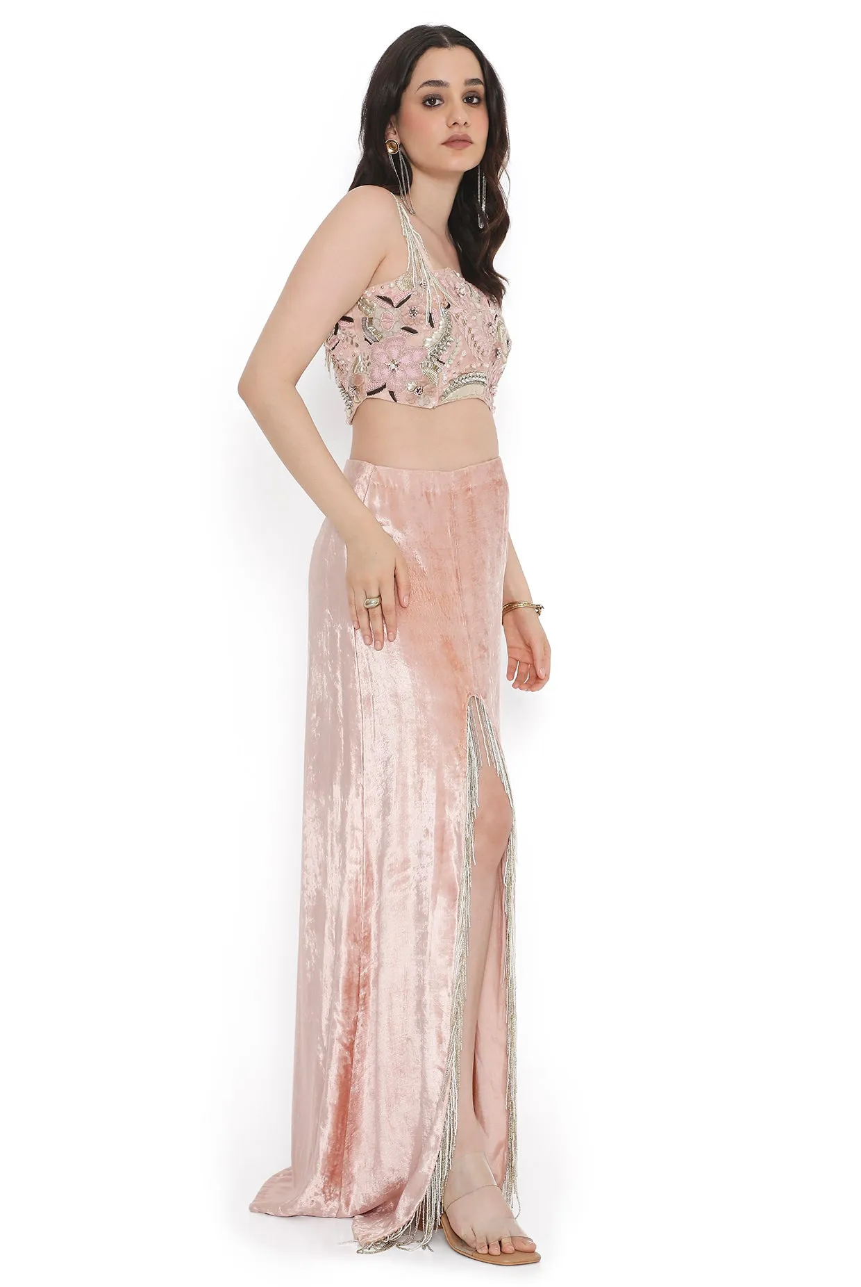 Pink Embroidered Choli With Side Slit Skirt- Ready To Ship
