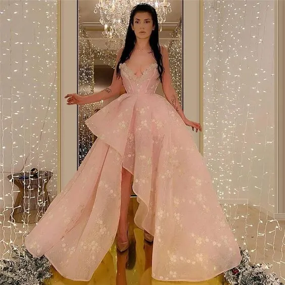 pink floral prom dresses 2020 v neck elegant lace applique high low cheap prom gown 2021 vestido longo