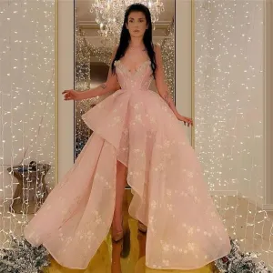 pink floral prom dresses 2020 v neck elegant lace applique high low cheap prom gown 2021 vestido longo