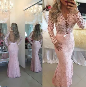 pink mermaid evening dresses long sleeve lace appliqué sheer back elegant evening gown vestido de festa