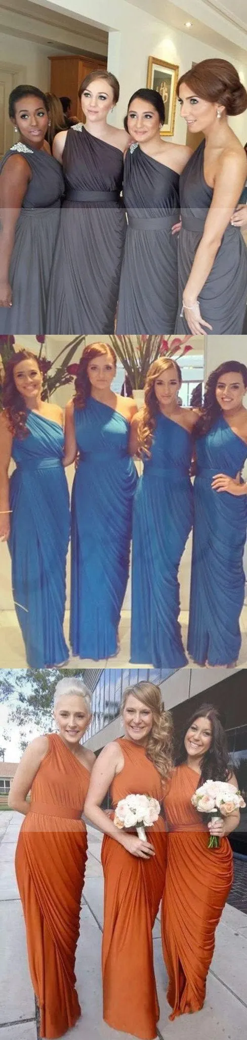 Pleating Chiffon One Shoulder Dark Grey Floor Length Simple Elegant Online Discount Bridesmaid Dresses, WG129