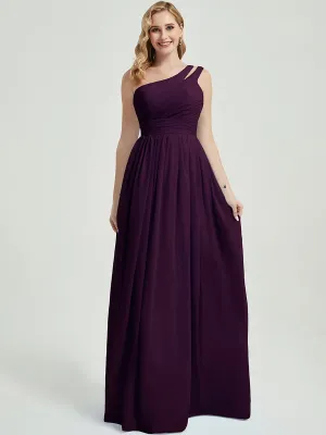 Plum Pleated One Shoulder A-Line Floor Length Chiffon Bridesmaid Dress