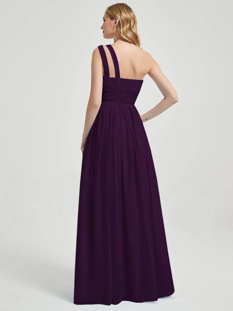 Plum Pleated One Shoulder A-Line Floor Length Chiffon Bridesmaid Dress
