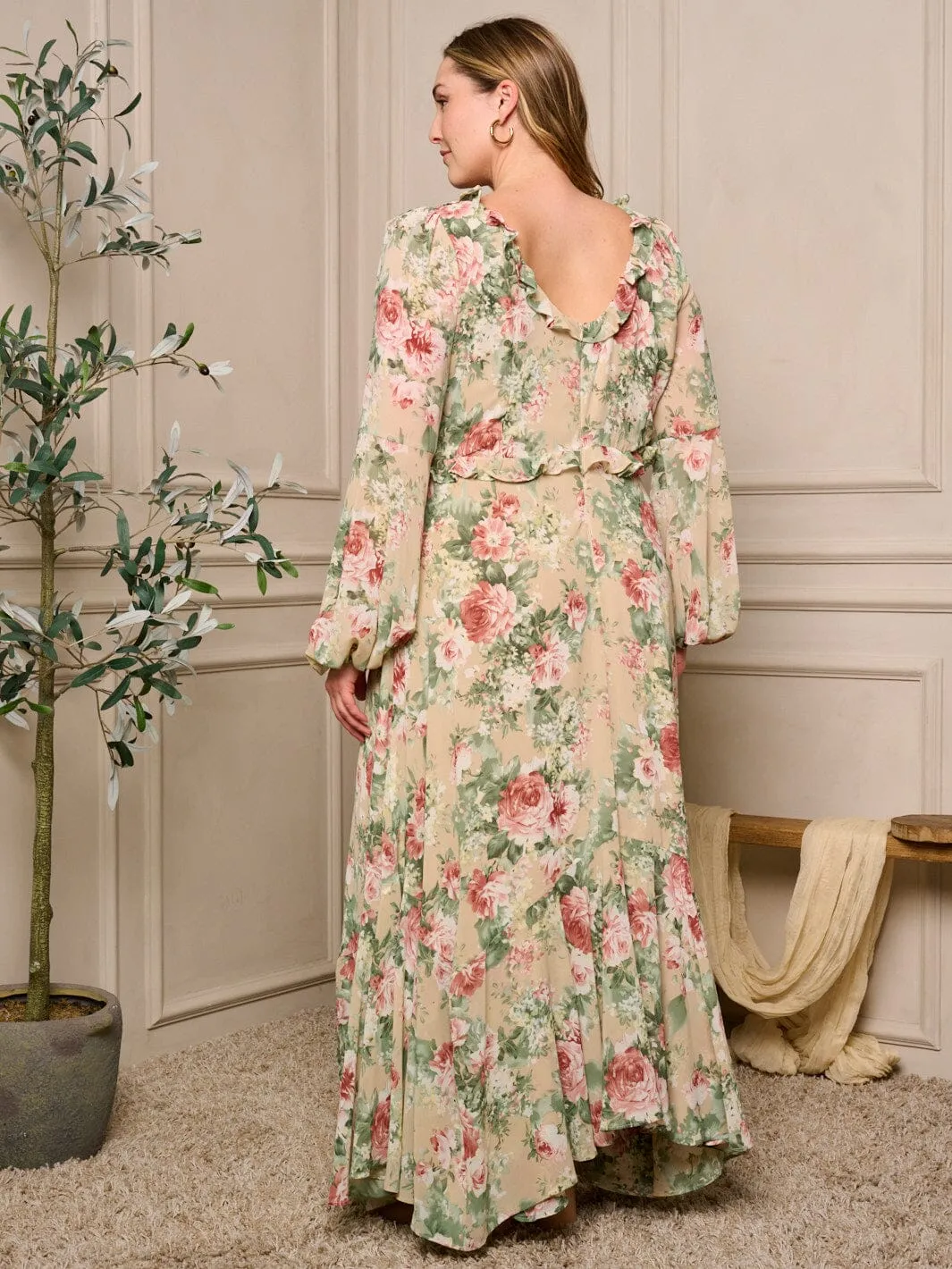 PLUS SIZE LONG SLEEVE V-NECK RUFFLE FLORAL MAXI DRESS