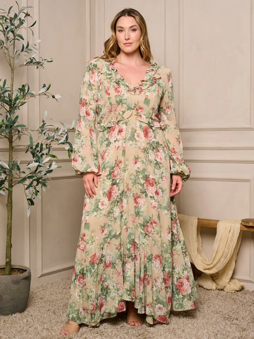 PLUS SIZE LONG SLEEVE V-NECK RUFFLE FLORAL MAXI DRESS