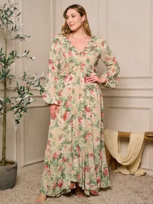 PLUS SIZE LONG SLEEVE V-NECK RUFFLE FLORAL MAXI DRESS