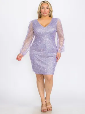 PLUS SIZE LONG SLEEVES V-NECK BODYCON SEQUINS MINI DRESS