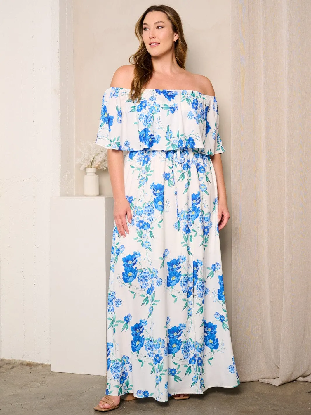 PLUS SIZE OFF SHOULDER RUFFLE SIDE SLIT FLORAL MAXI DRESS