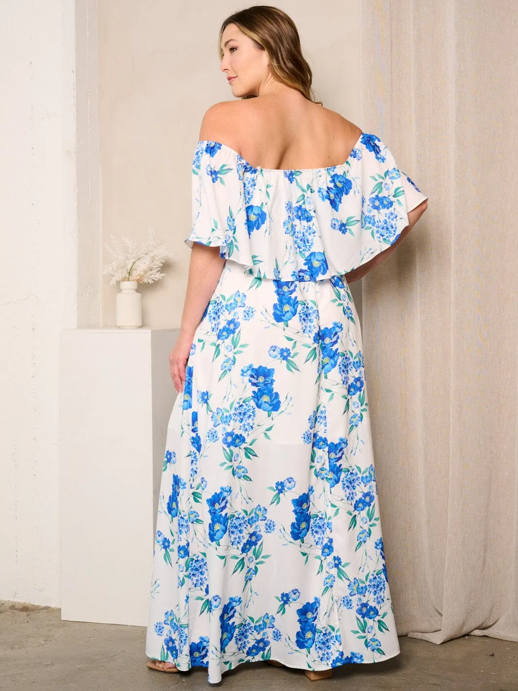 PLUS SIZE OFF SHOULDER RUFFLE SIDE SLIT FLORAL MAXI DRESS