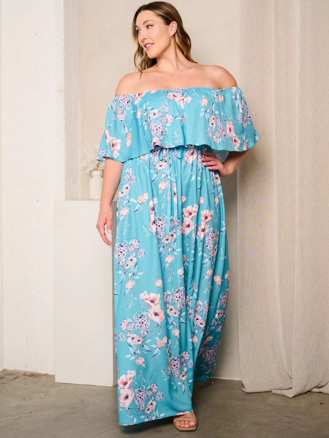 PLUS SIZE OFF SHOULDER RUFFLE SIDE SLIT FLORAL MAXI DRESS