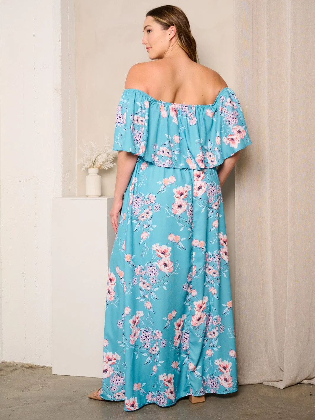 PLUS SIZE OFF SHOULDER RUFFLE SIDE SLIT FLORAL MAXI DRESS
