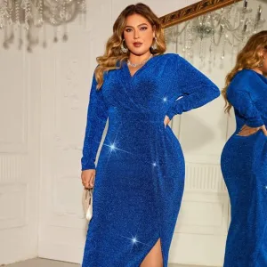 Plus Size Surplice Neck Slit Dress
