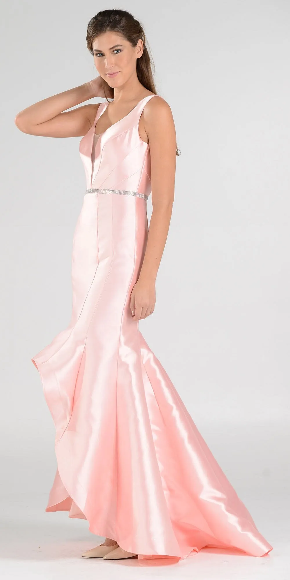 Poly USA 7590 High and Low Mermaid Gown V-Shape Back