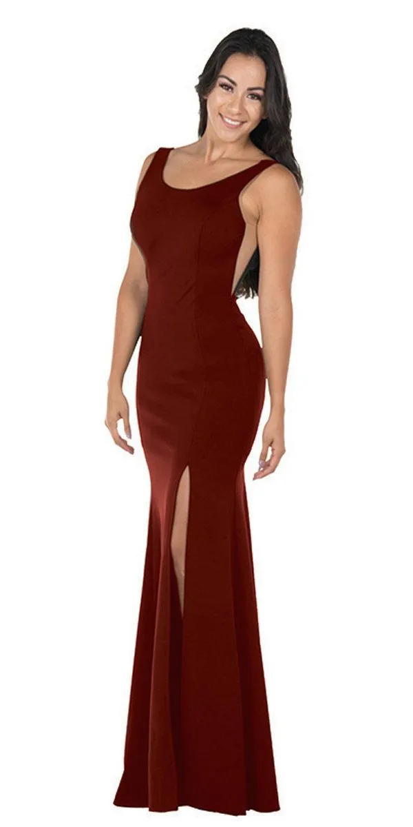 Poly USA 8168 Long Fitted Dress with Sheer Side Cut-Outs and Slit