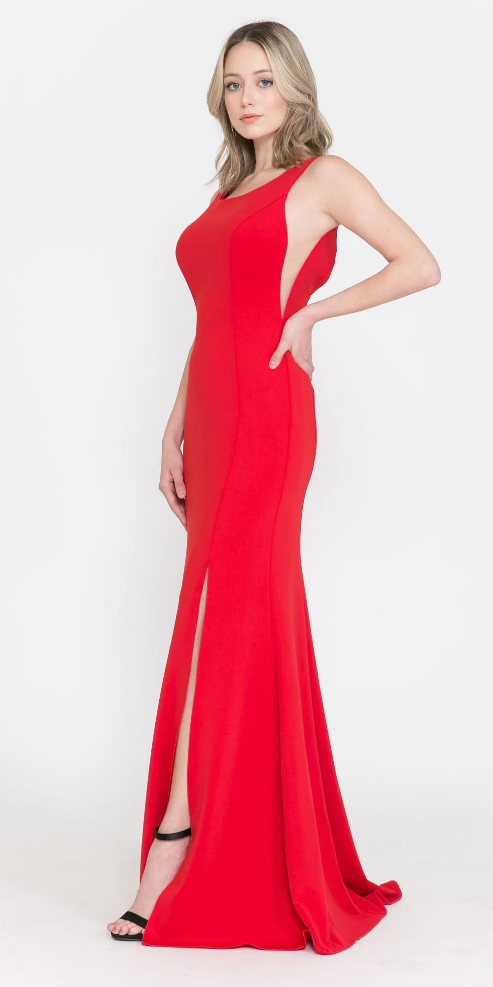 Poly USA 8168 Long Fitted Dress with Sheer Side Cut-Outs and Slit