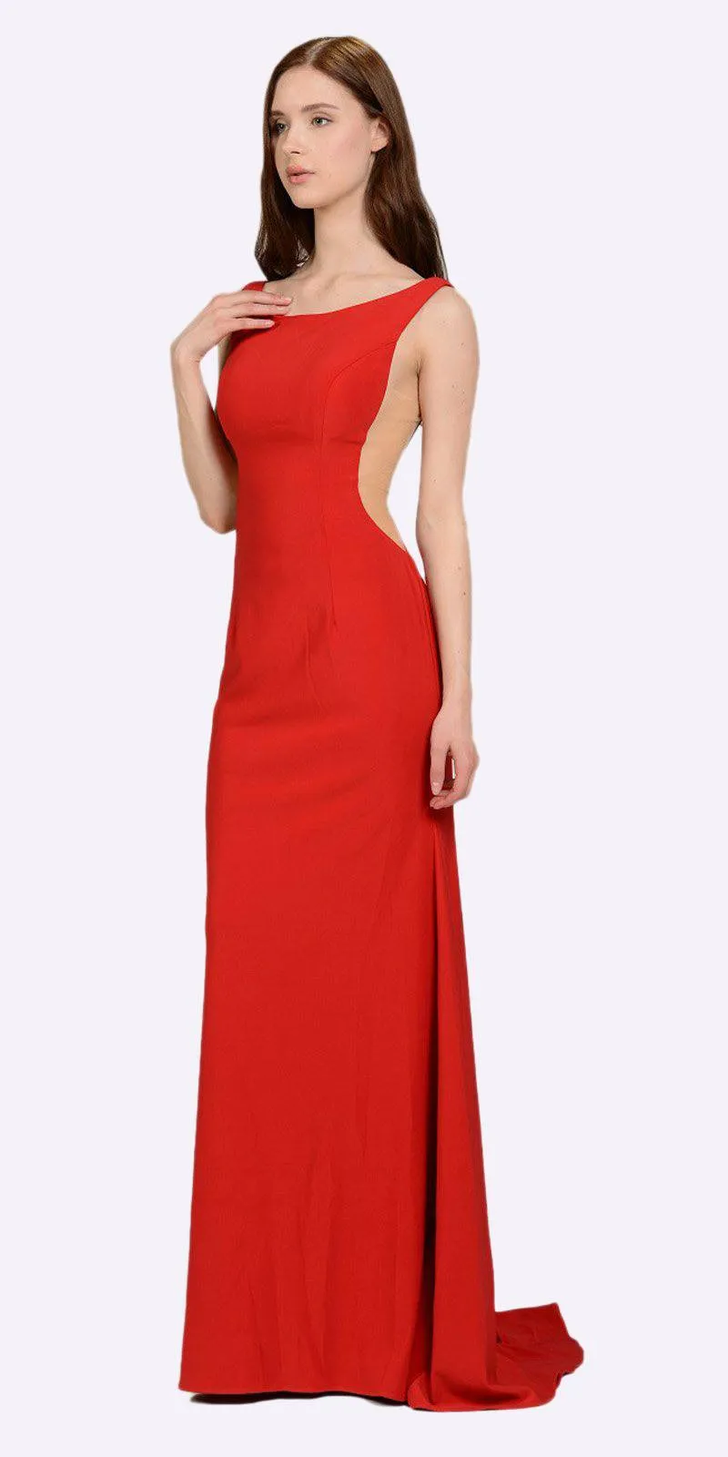 Poly USA 8168 Long Fitted Dress with Sheer Side Cut-Outs and Slit
