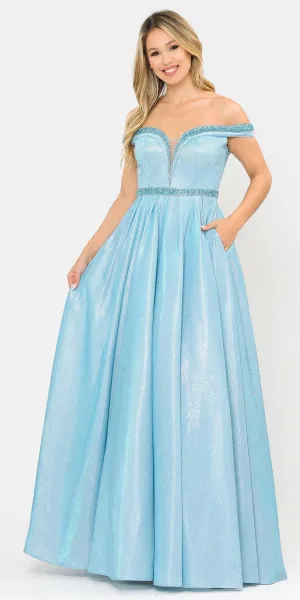 Poly USA 8664 Glitter Knit Off-Shoulder Long Dress with Pockets