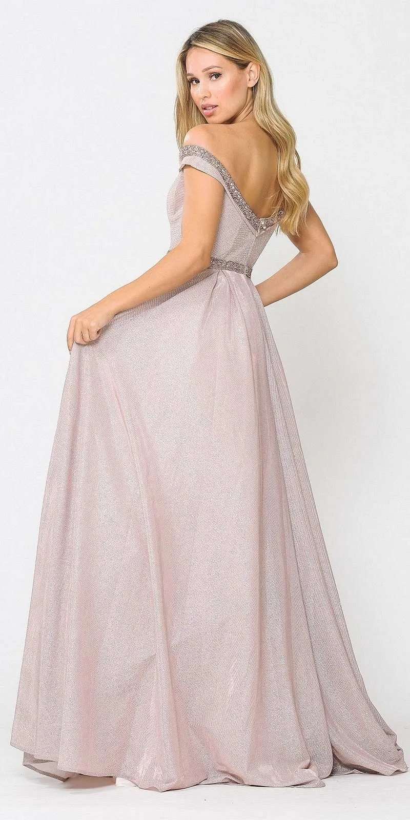 Poly USA 8664 Glitter Knit Off-Shoulder Long Dress with Pockets
