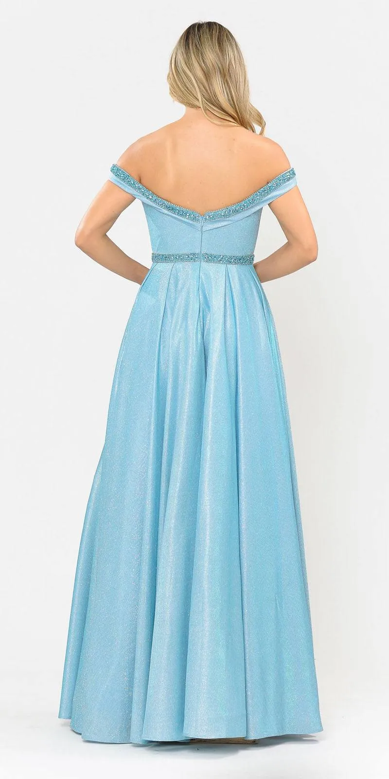 Poly USA 8664 Glitter Knit Off-Shoulder Long Dress with Pockets