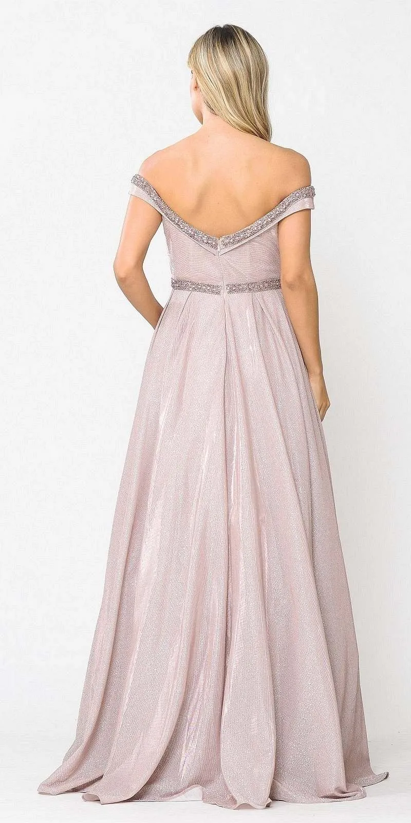 Poly USA 8664 Glitter Knit Off-Shoulder Long Dress with Pockets